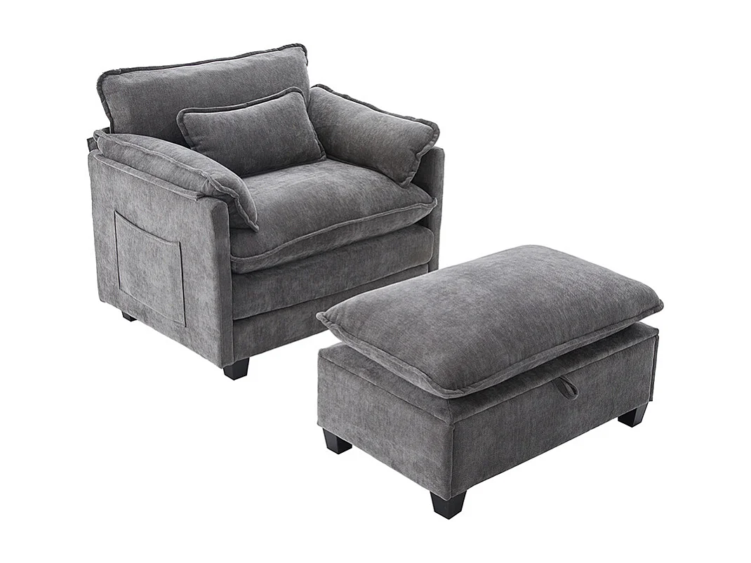 Fauteuil géant velours beige avec repose-pieds et rangement intégré gris