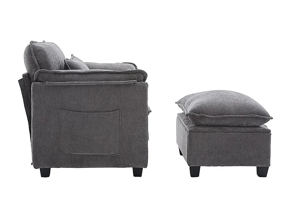 Fauteuil géant velours beige avec repose-pieds et rangement intégré gris