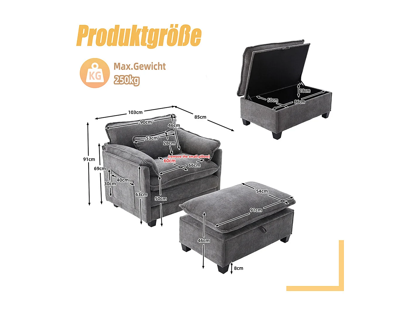 Fauteuil géant velours beige avec repose-pieds et rangement intégré gris