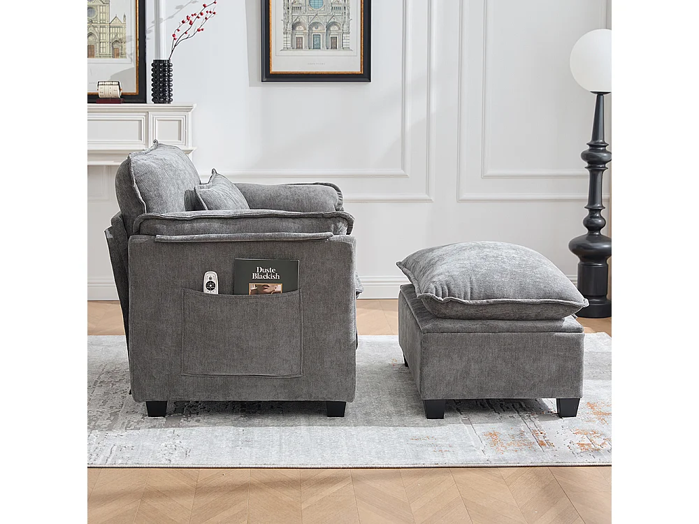 Fauteuil géant velours beige avec repose-pieds et rangement intégré gris