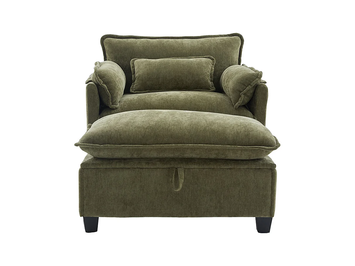Fauteuil géant velours beige avec repose-pieds et rangement intégré olive