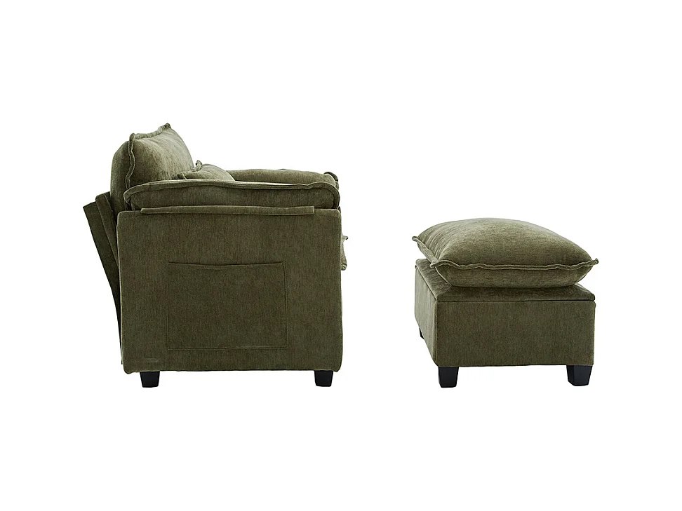 Fauteuil géant velours beige avec repose-pieds et rangement intégré olive