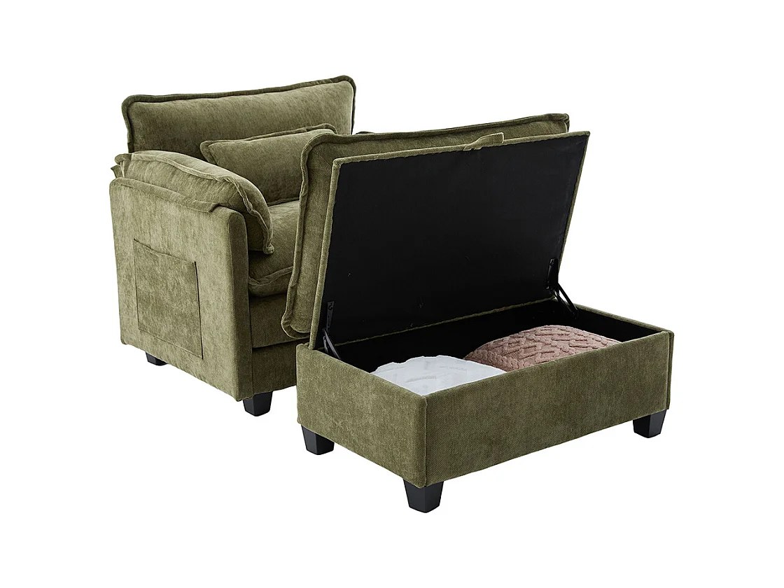 Fauteuil géant velours beige avec repose-pieds et rangement intégré olive