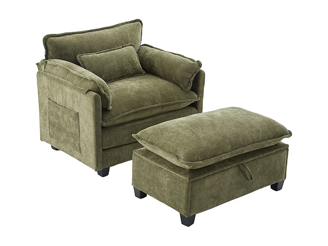 Fauteuil géant velours beige avec repose-pieds et rangement intégré olive