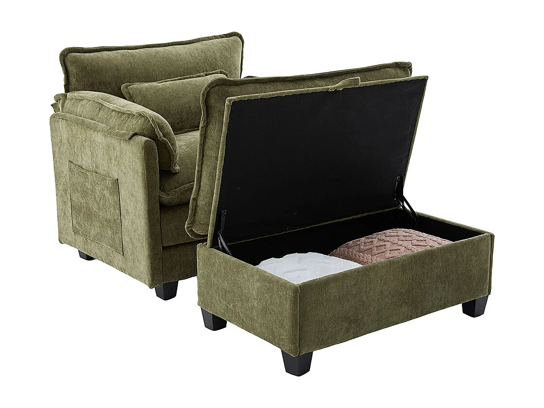 Fauteuil géant velours beige avec repose-pieds et rangement intégré olive