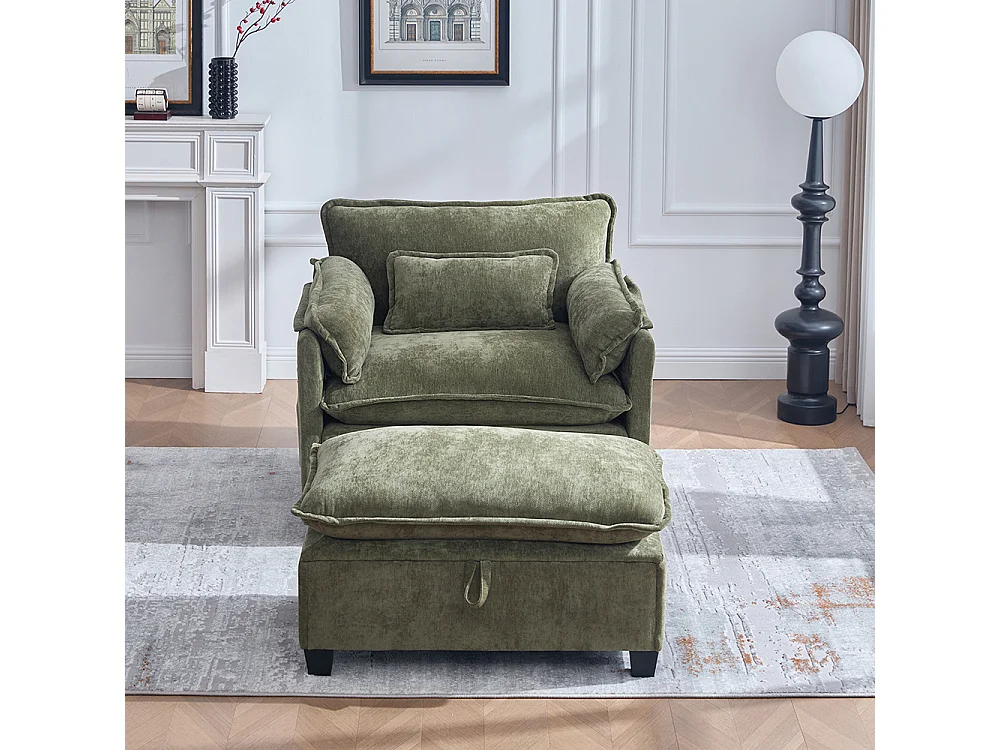 Fauteuil géant velours beige avec repose-pieds et rangement intégré olive