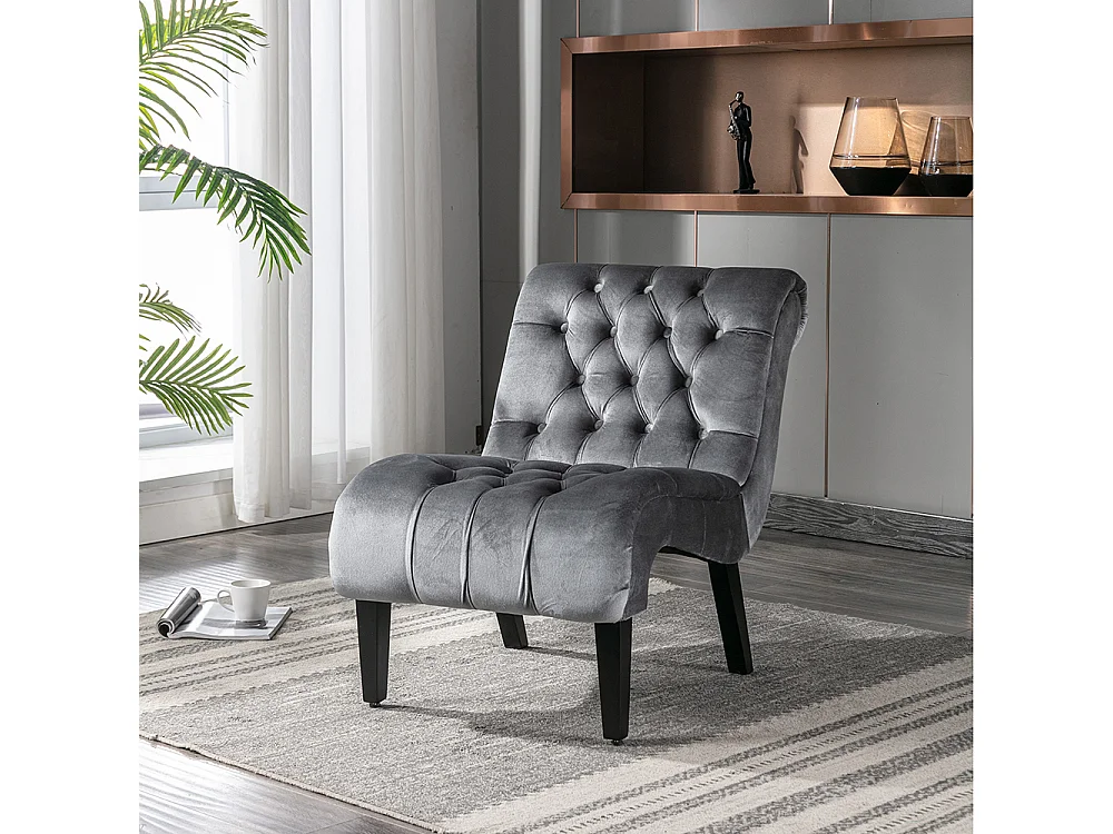 Fauteuil d'accent velours sans accoudoirs rembourré boutonné pieds bois salon bureau gris argent