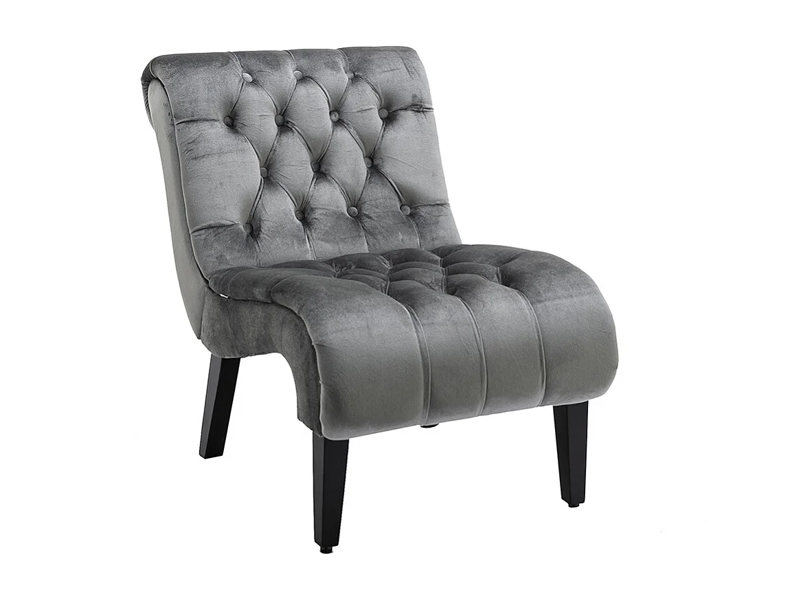 Fauteuil d'accent velours sans accoudoirs rembourré boutonné pieds bois salon bureau gris argent