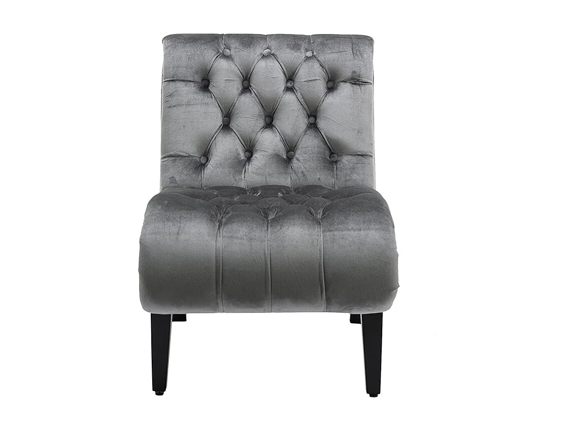 Fauteuil d'accent velours sans accoudoirs rembourré boutonné pieds bois salon bureau gris argent