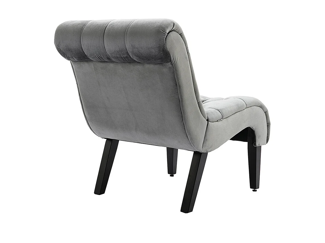 Fauteuil d'accent velours sans accoudoirs rembourré boutonné pieds bois salon bureau gris argent