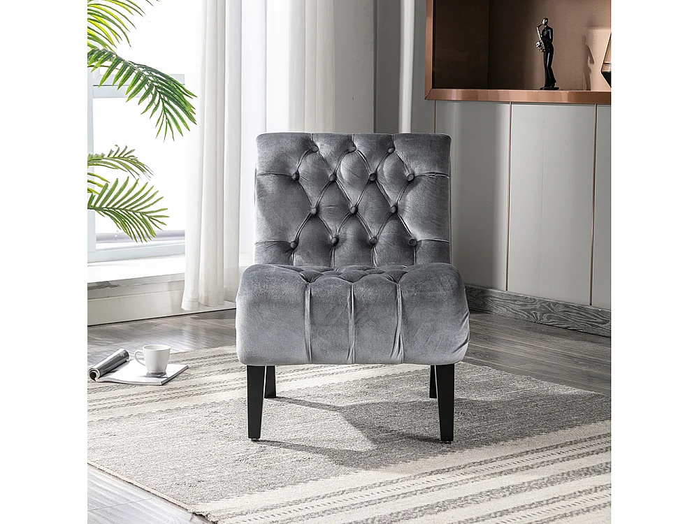 Fauteuil d'accent velours sans accoudoirs rembourré boutonné pieds bois salon bureau gris argent