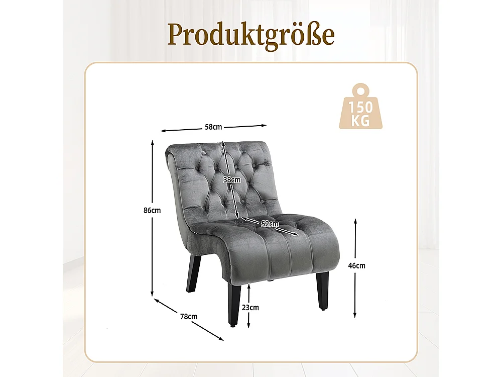 Fauteuil d'accent velours sans accoudoirs rembourré boutonné pieds bois salon bureau gris argent