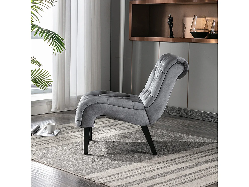 Fauteuil d'accent velours sans accoudoirs rembourré boutonné pieds bois salon bureau gris argent