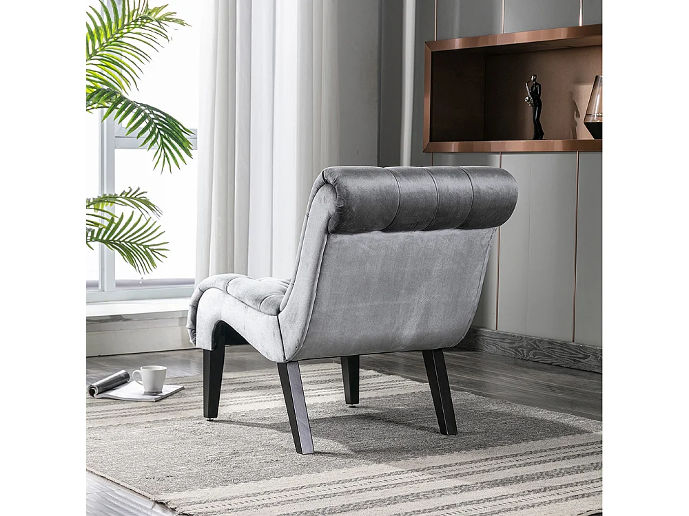 Fauteuil d'accent velours sans accoudoirs rembourré boutonné pieds bois salon bureau gris argent