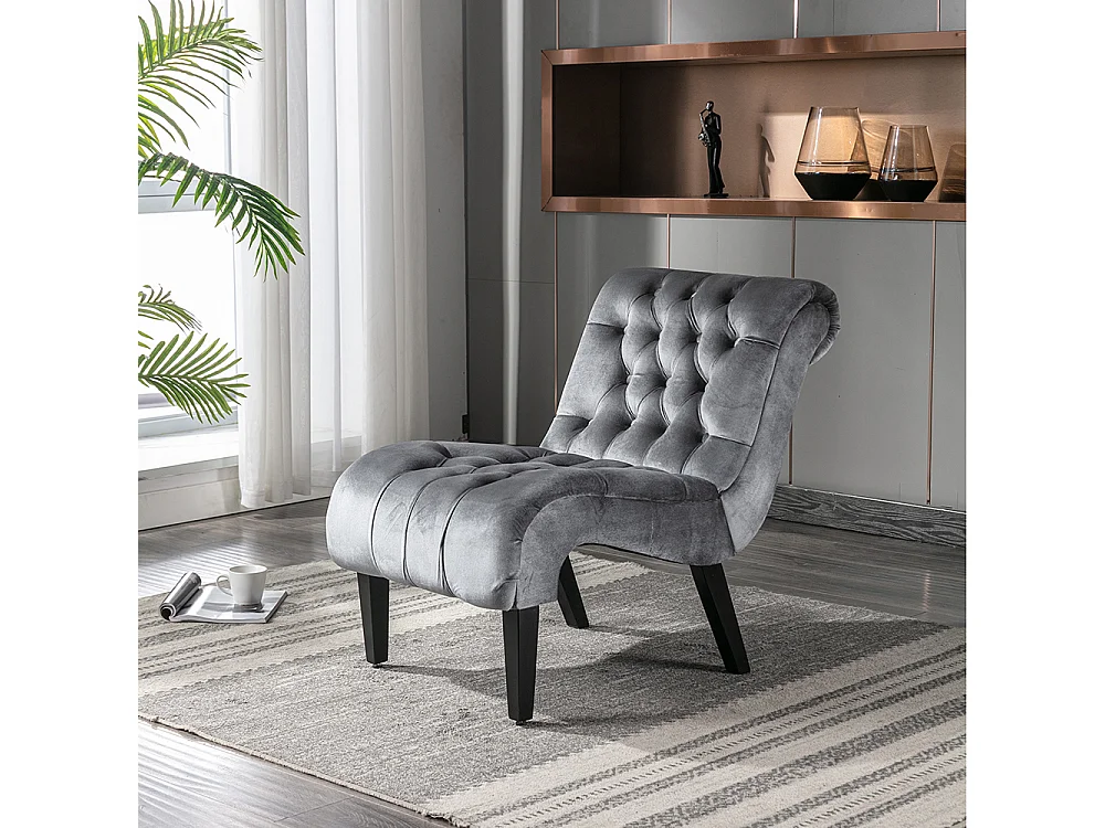 Fauteuil d'accent velours sans accoudoirs rembourré boutonné pieds bois salon bureau gris argent