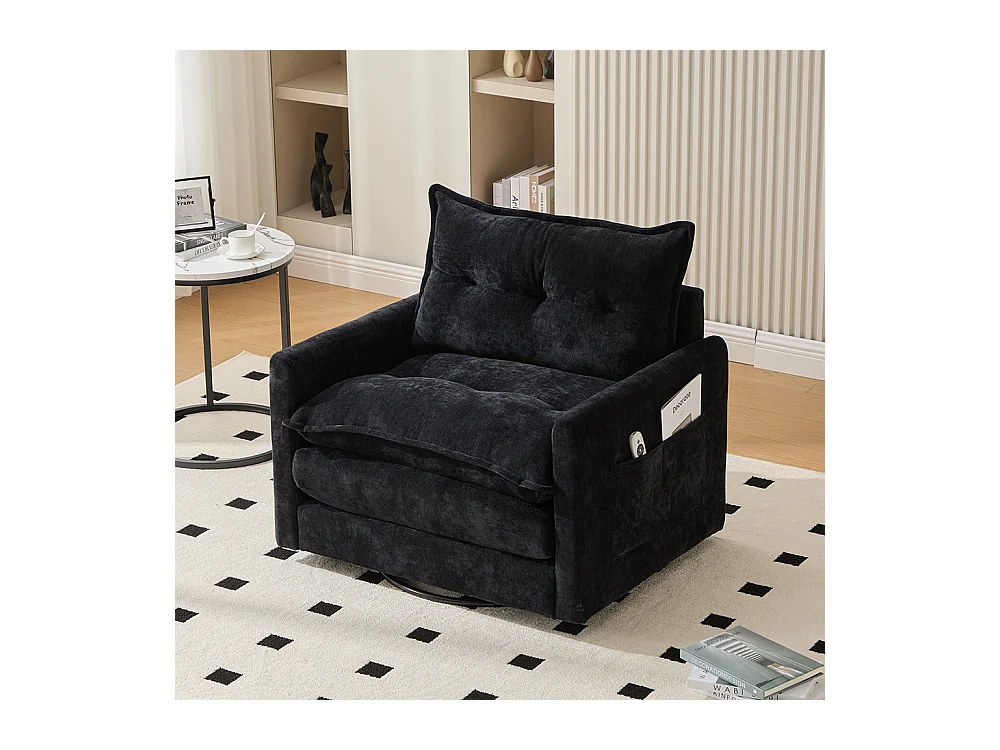 Fauteuil pivotant 360 degrés accoudoirs grand confortable salon bureau détente coussins noir