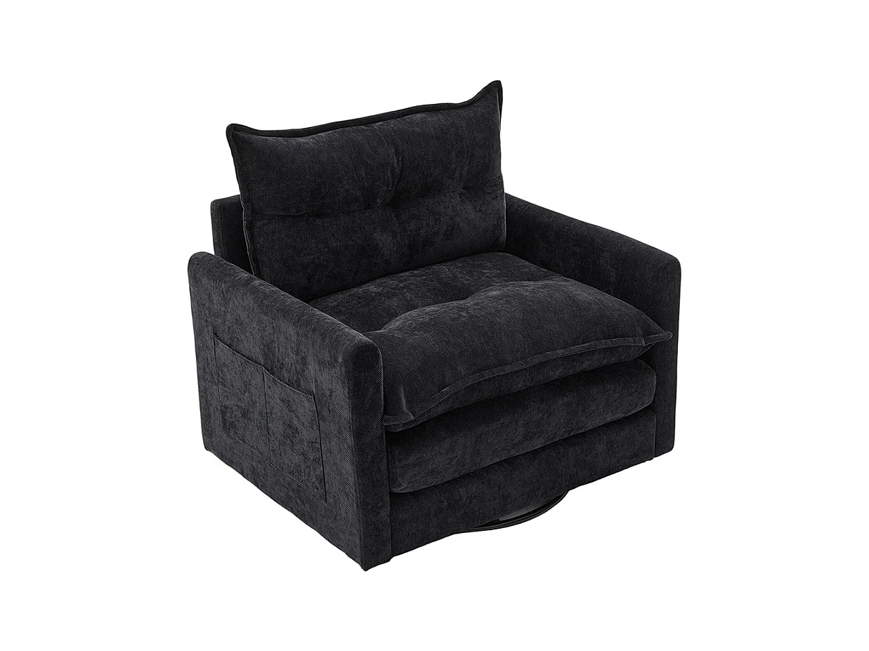 Fauteuil pivotant 360 degrés accoudoirs grand confortable salon bureau détente coussins noir