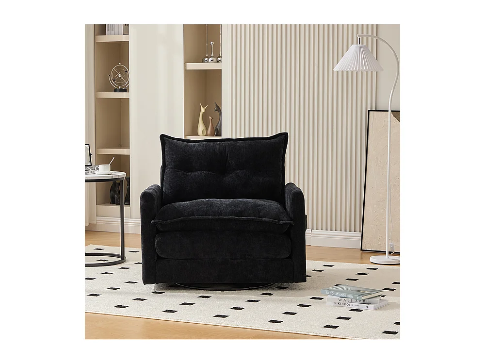 Fauteuil pivotant 360 degrés accoudoirs grand confortable salon bureau détente coussins noir