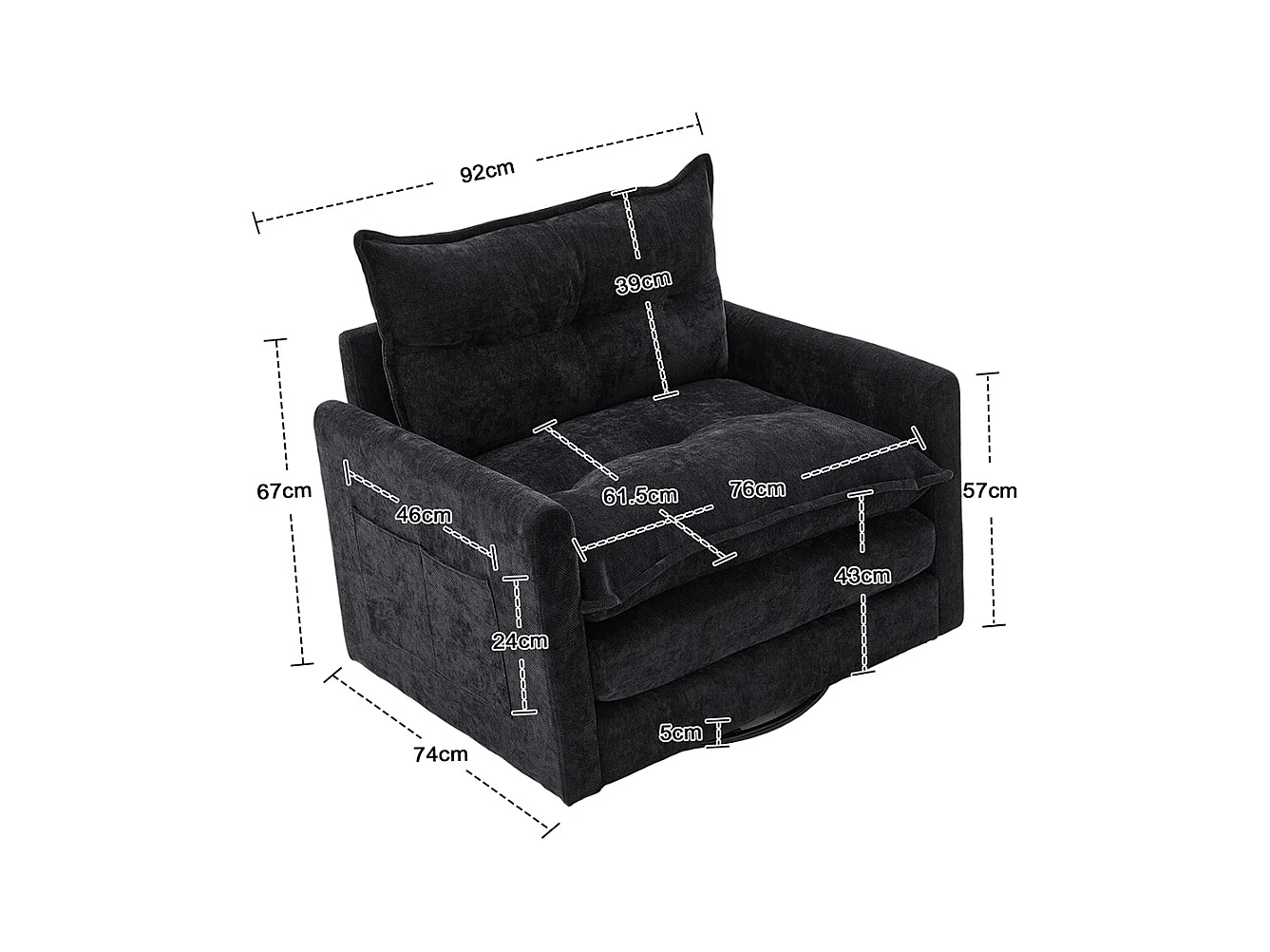 Fauteuil pivotant 360 degrés accoudoirs grand confortable salon bureau détente coussins noir