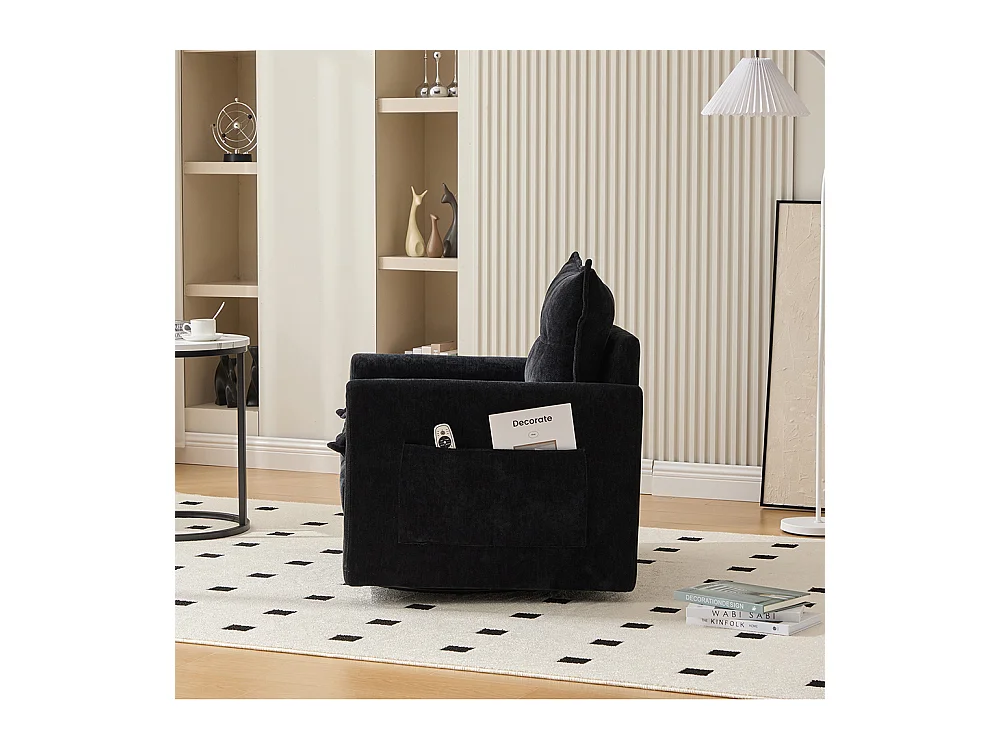 Fauteuil pivotant 360 degrés accoudoirs grand confortable salon bureau détente coussins noir