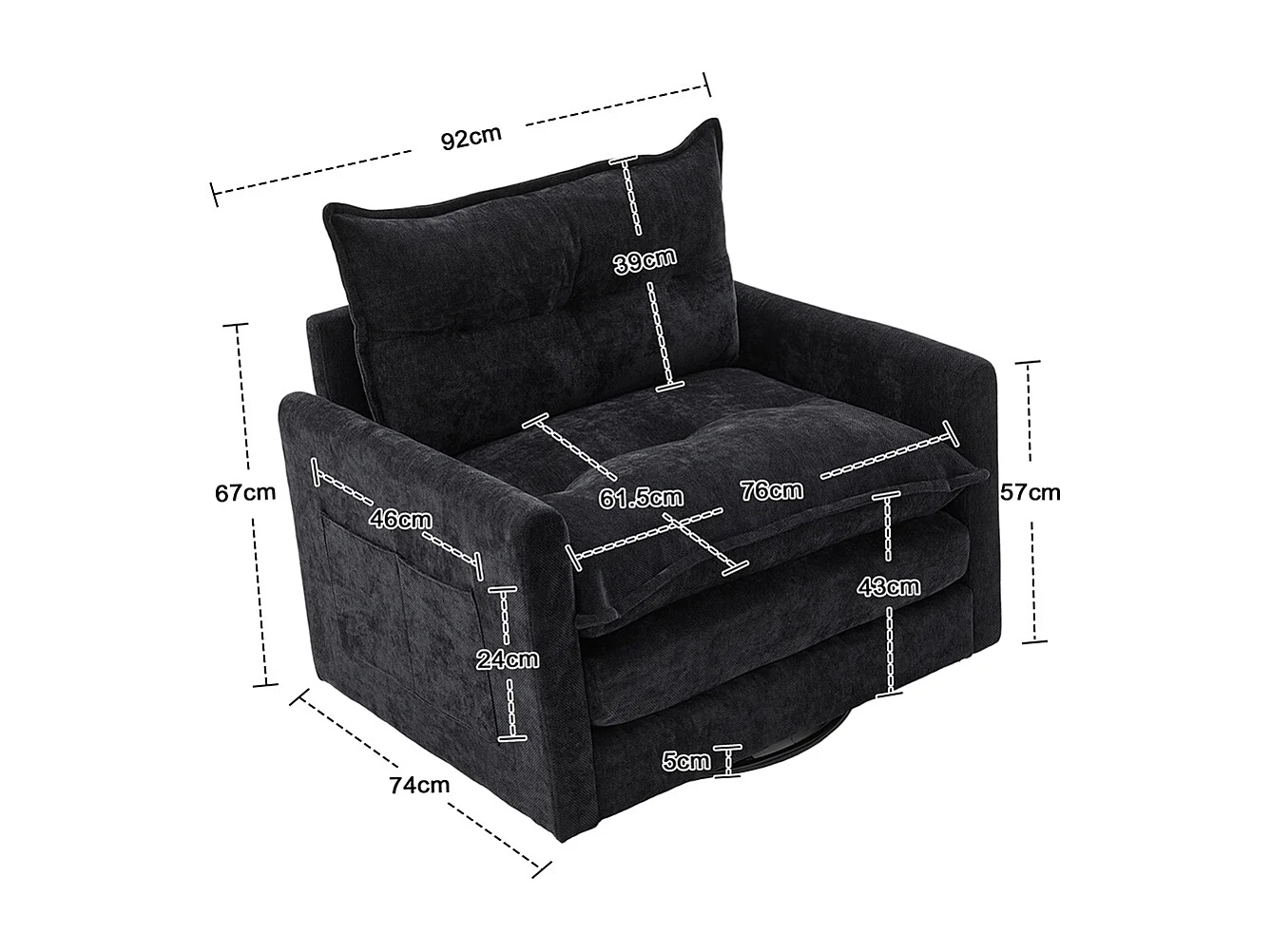 Fauteuil pivotant 360 degrés accoudoirs grand confortable salon bureau détente coussins noir