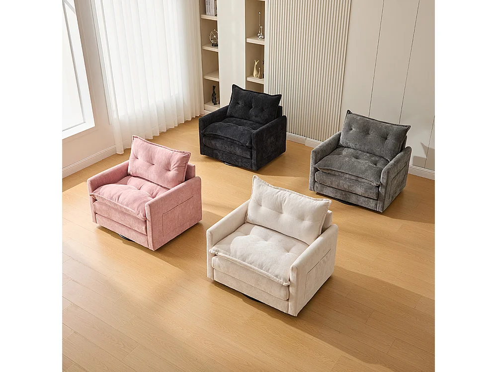 Fauteuil pivotant 360 degrés accoudoirs grand confortable salon bureau détente coussins noir