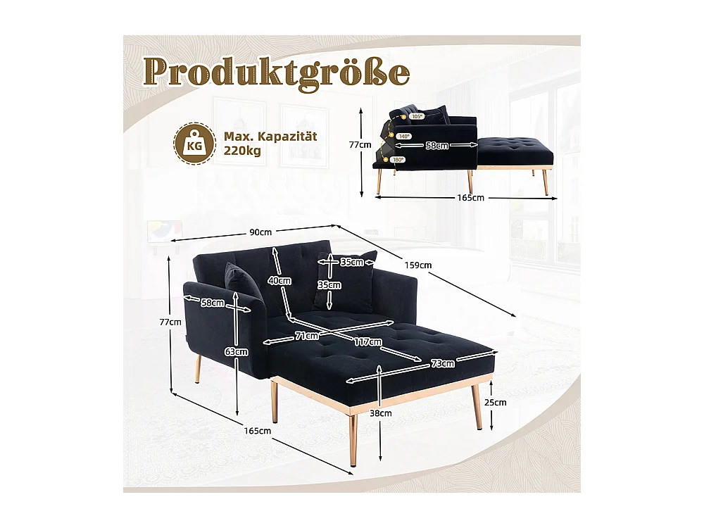 Fauteuil inclinable moderne dossier réglable chaise longue pliable salon bureau noir