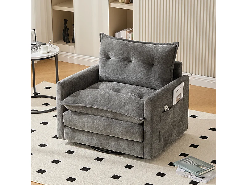 Fauteuil pivotant 360 degrés accoudoirs grand confortable salon bureau détente coussins gris