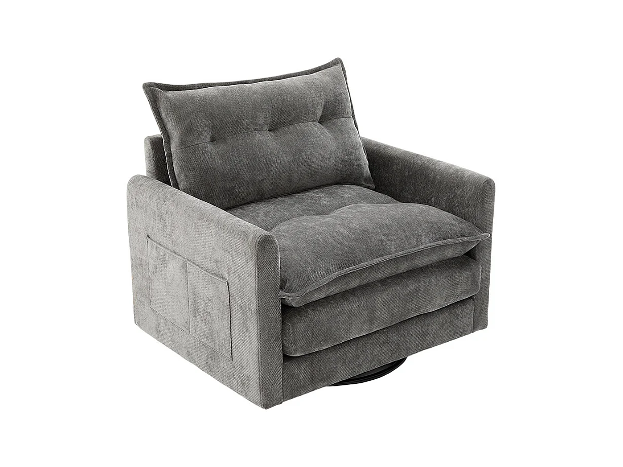 Fauteuil pivotant 360 degrés accoudoirs grand confortable salon bureau détente coussins gris
