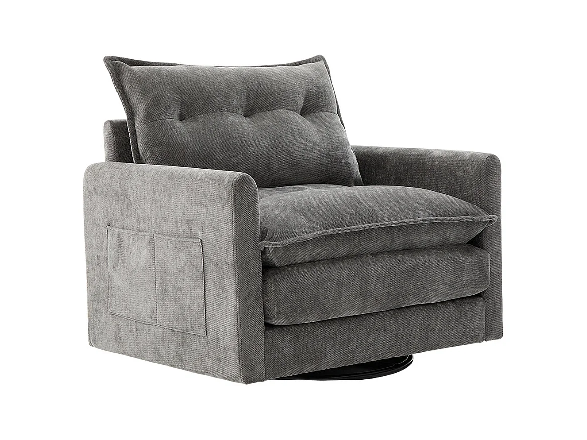 Fauteuil pivotant 360 degrés accoudoirs grand confortable salon bureau détente coussins gris