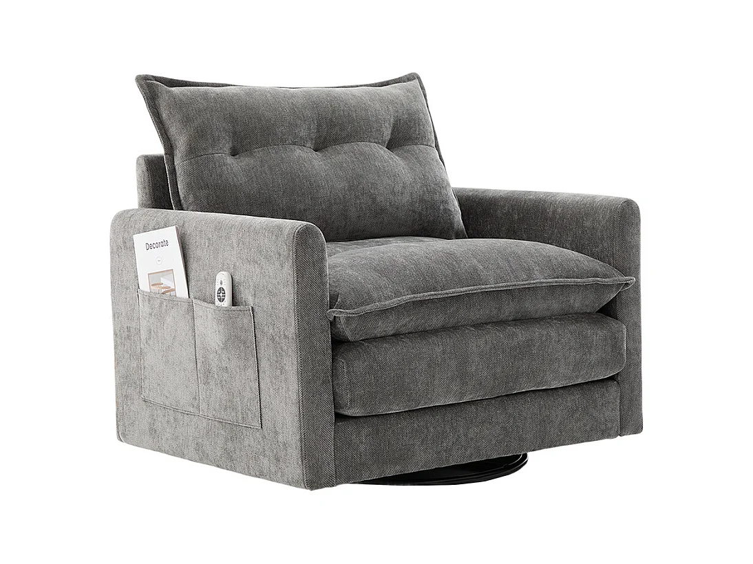 Fauteuil pivotant 360 degrés accoudoirs grand confortable salon bureau détente coussins gris