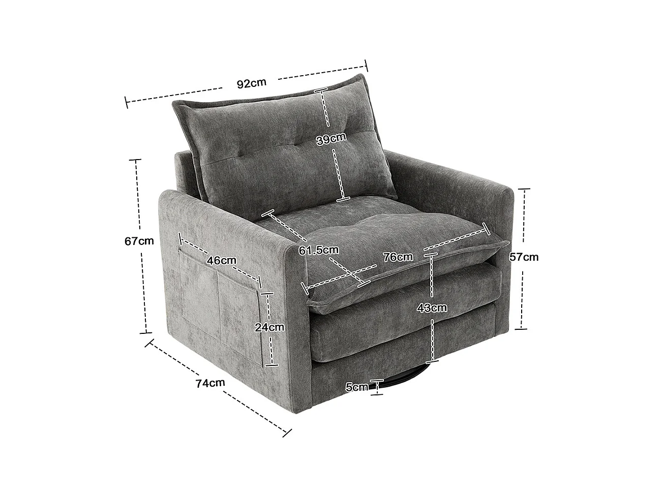 Fauteuil pivotant 360 degrés accoudoirs grand confortable salon bureau détente coussins gris