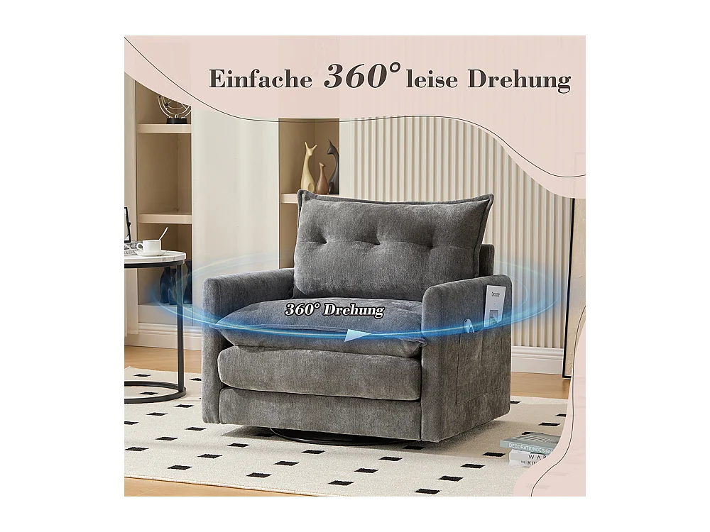 Fauteuil pivotant 360 degrés accoudoirs grand confortable salon bureau détente coussins gris