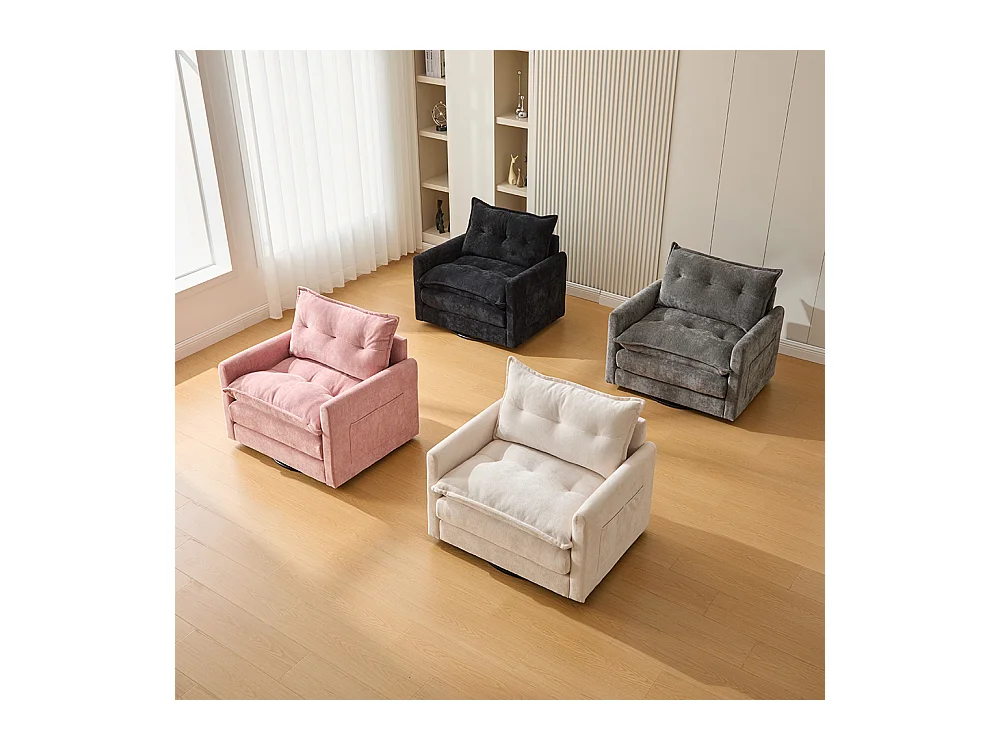 Fauteuil pivotant 360 degrés accoudoirs grand confortable salon bureau détente coussins gris