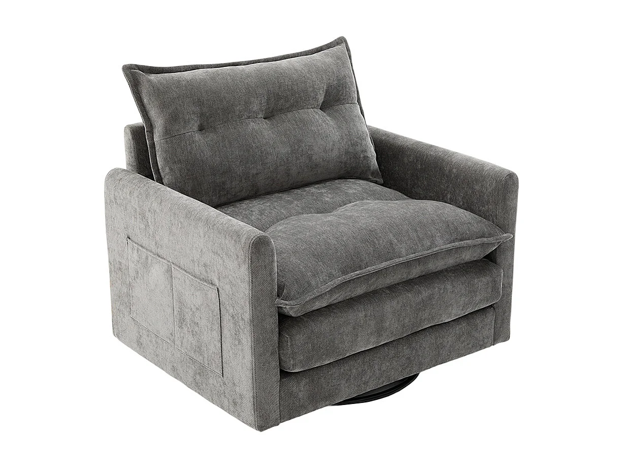 Fauteuil pivotant 360 degrés accoudoirs grand confortable salon bureau détente coussins gris