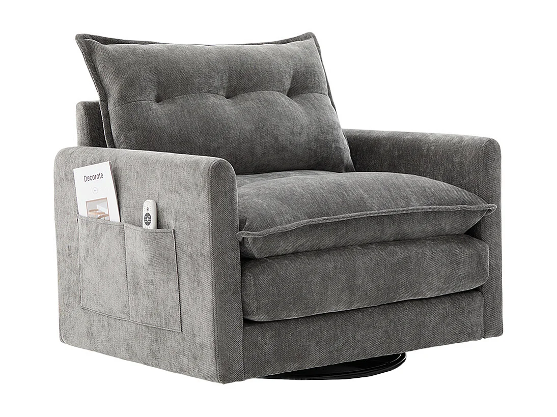 Fauteuil pivotant 360 degrés accoudoirs grand confortable salon bureau détente coussins gris