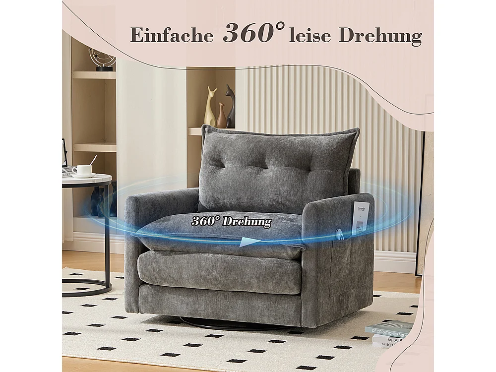 Fauteuil pivotant 360 degrés accoudoirs grand confortable salon bureau détente coussins gris