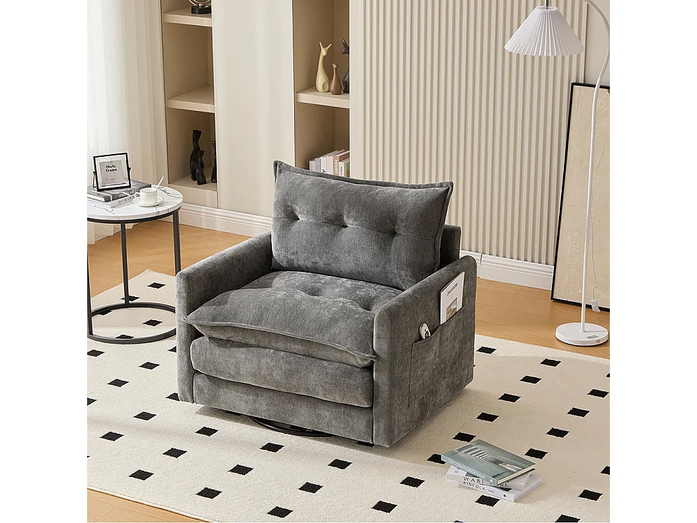 Fauteuil pivotant 360 degrés accoudoirs grand confortable salon bureau détente coussins gris