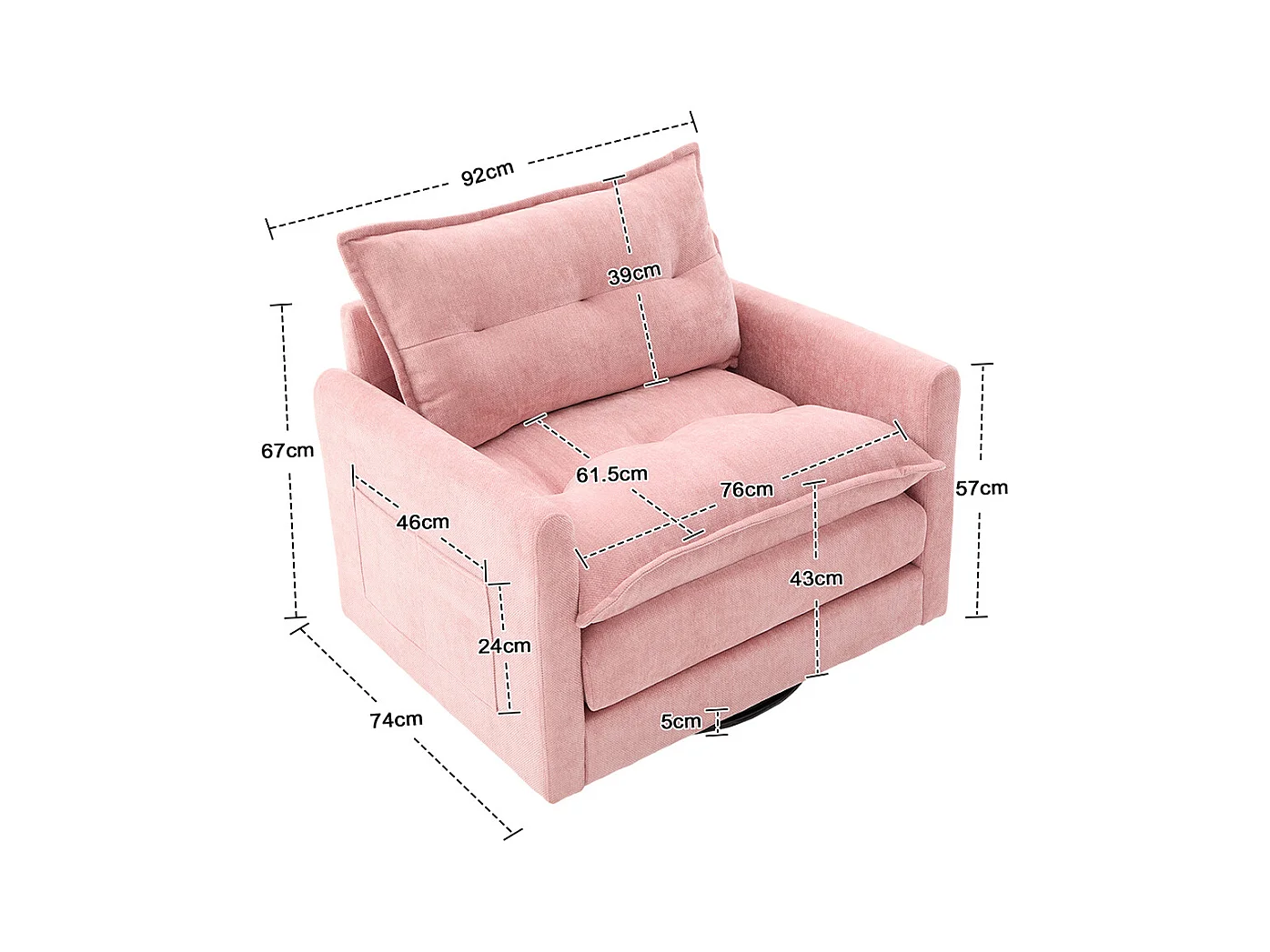 Fauteuil pivotant 360 degrés accoudoirs grand confortable salon bureau détente coussins rose