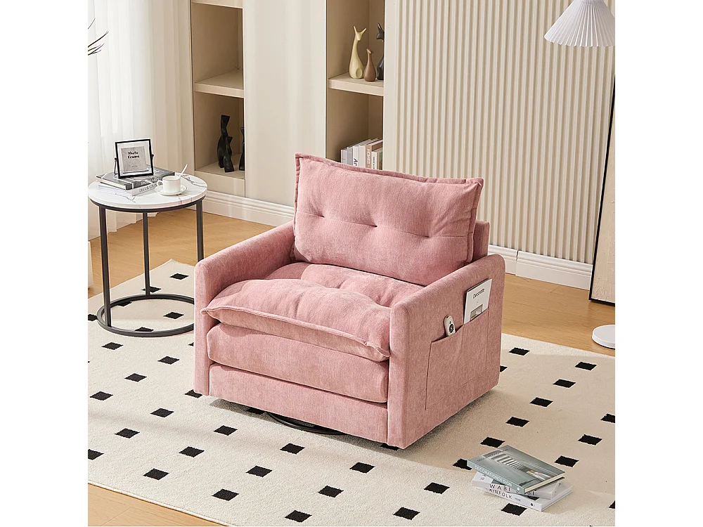 Fauteuil pivotant 360 degrés accoudoirs grand confortable salon bureau détente coussins rose