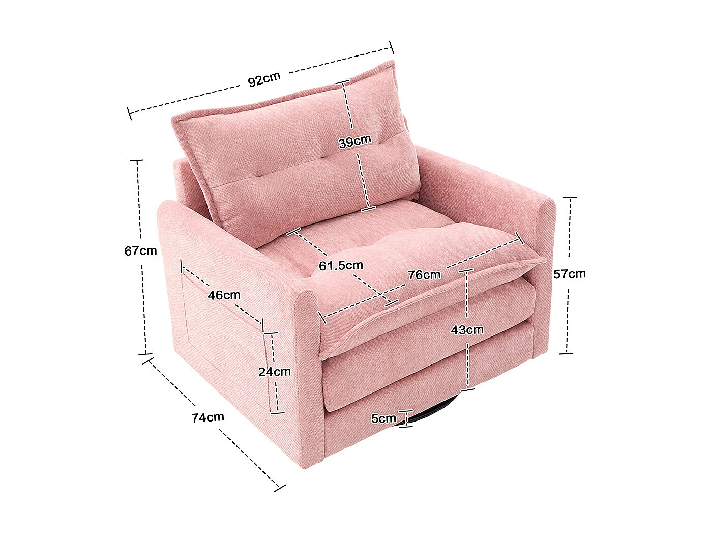 Fauteuil pivotant 360 degrés accoudoirs grand confortable salon bureau détente coussins rose