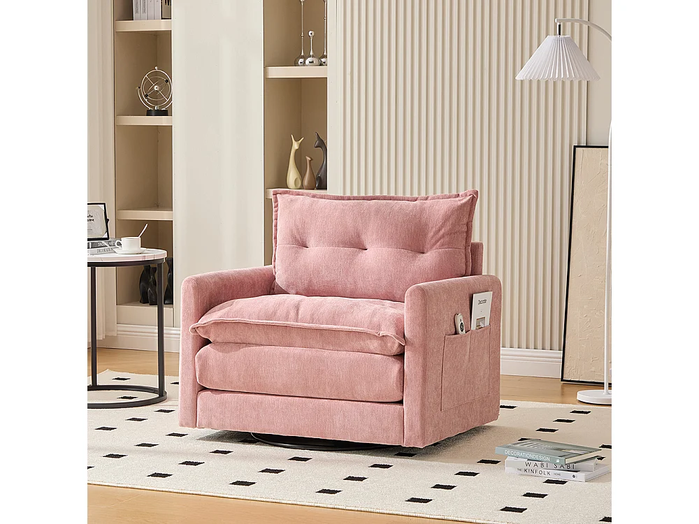 Fauteuil pivotant 360 degrés accoudoirs grand confortable salon bureau détente coussins rose