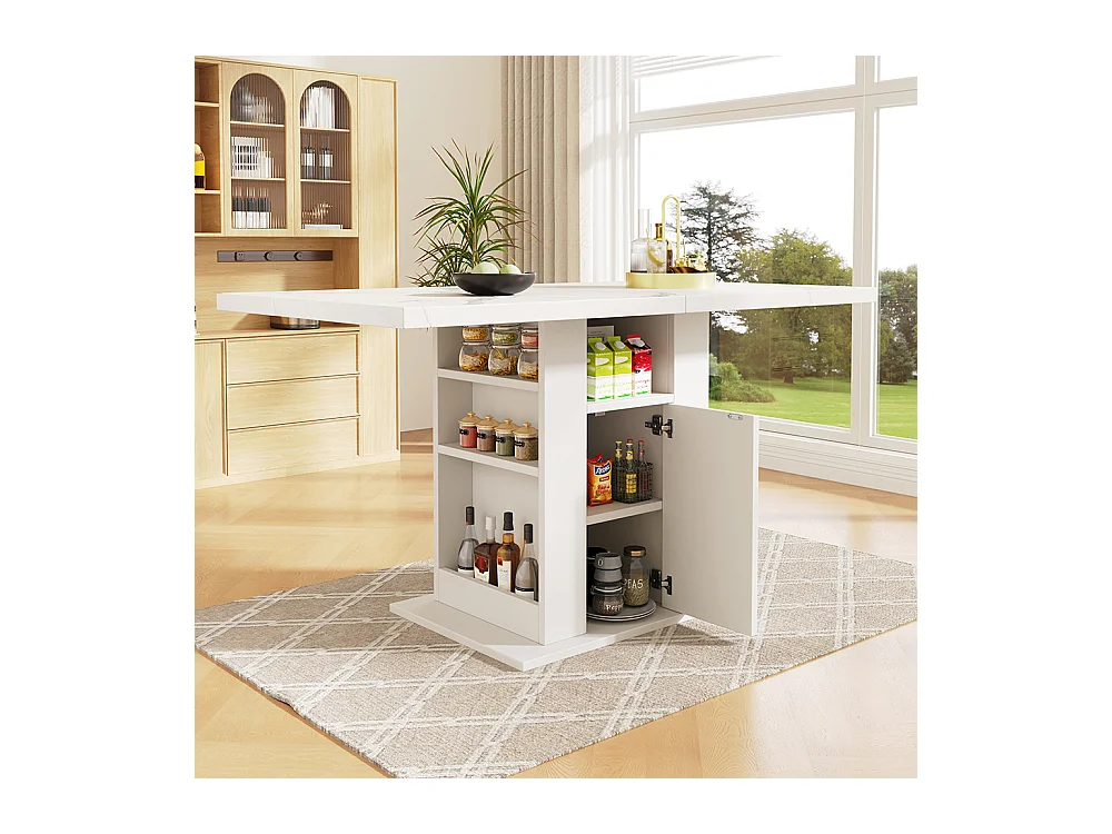 Table à manger compacte à 3 niveaux avec espace de rangement plateau en marbre blanc pour cuisine ou salle à manger