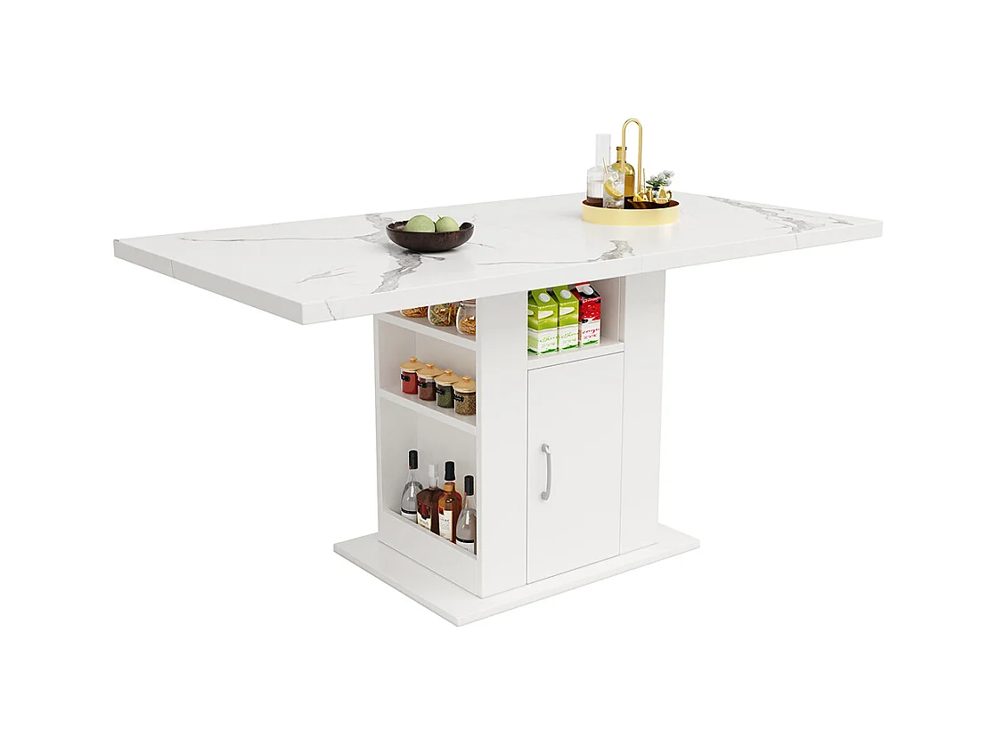 Table à manger compacte à 3 niveaux avec espace de rangement plateau en marbre blanc pour cuisine ou salle à manger