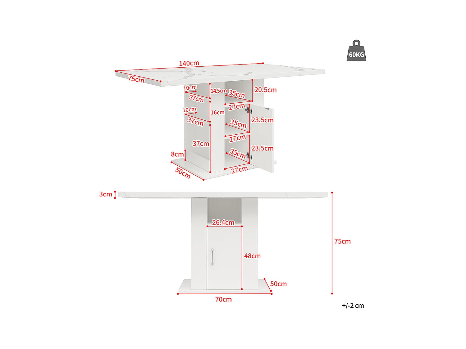 Table à manger compacte à 3 niveaux avec espace de rangement plateau en marbre blanc pour cuisine ou salle à manger
