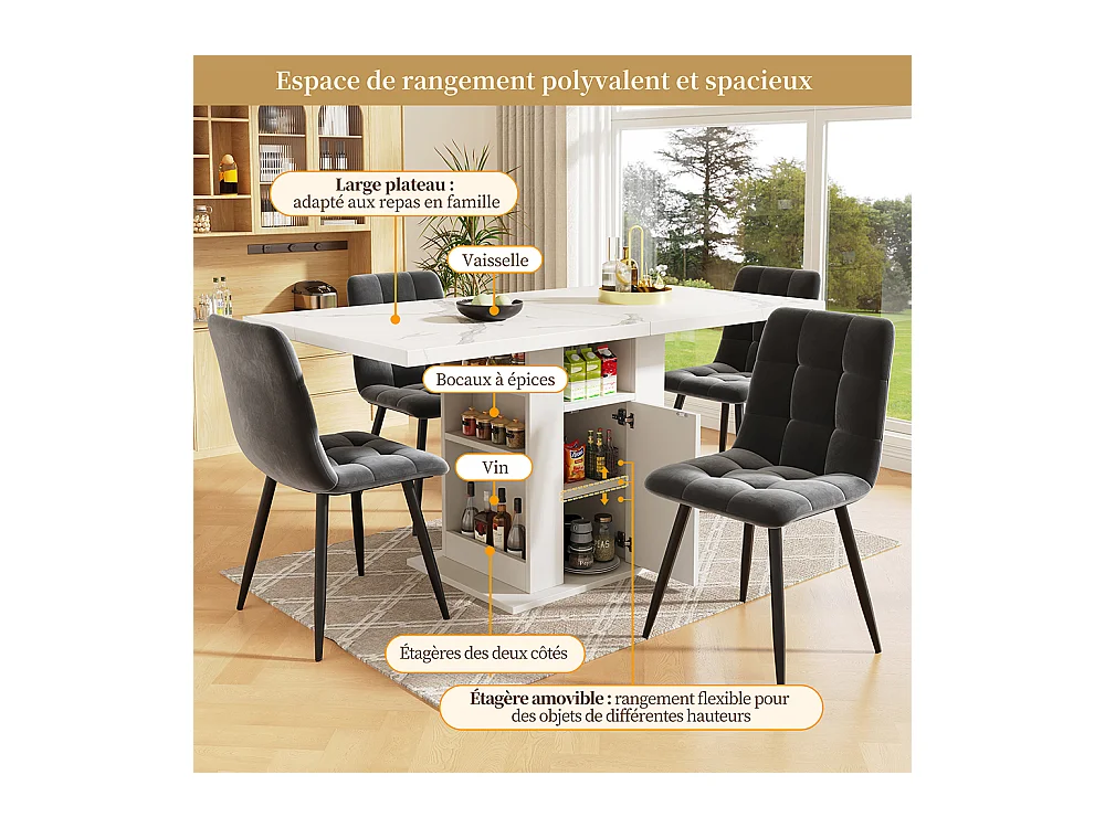 Table à manger compacte à 3 niveaux avec espace de rangement plateau en marbre blanc pour cuisine ou salle à manger