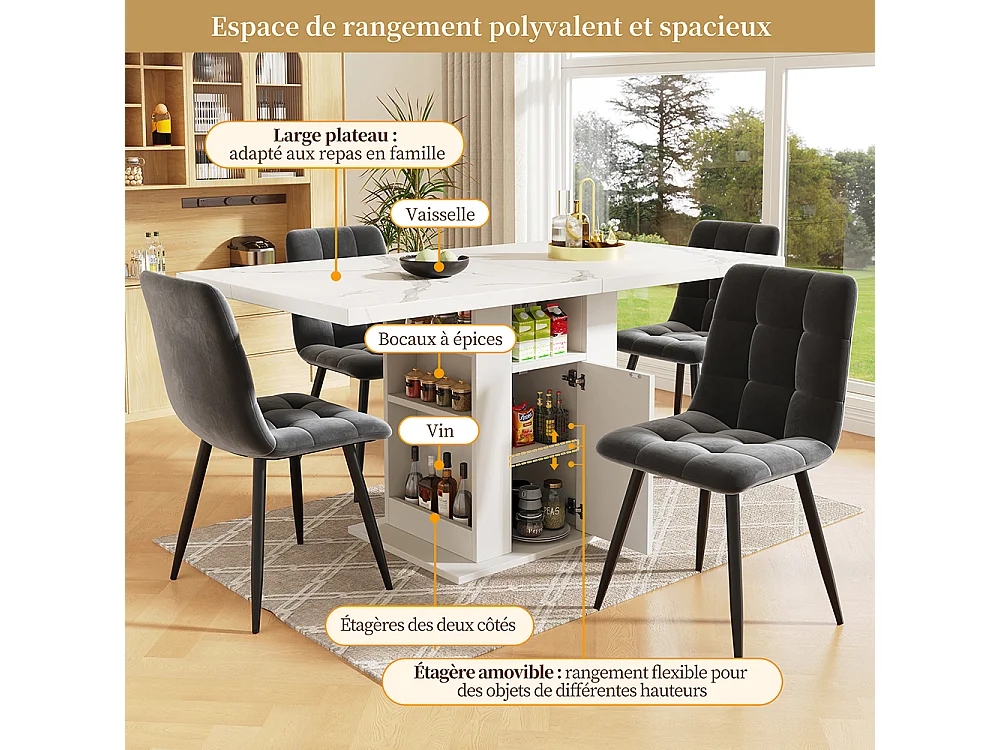 Table à manger compacte à 3 niveaux avec espace de rangement plateau en marbre blanc pour cuisine ou salle à manger