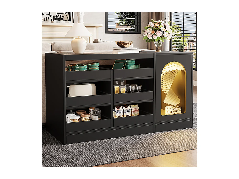 Buffet commode noir à 6 tiroirs simple et moderne avec éclairage LED pour salle à manger
