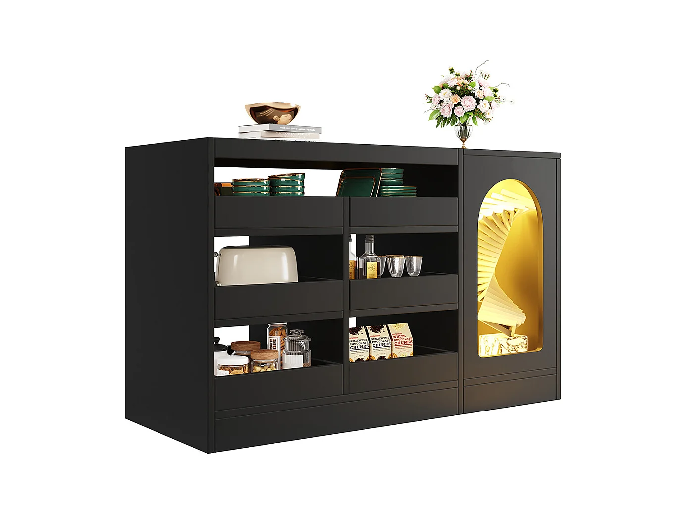 Buffet commode noir à 6 tiroirs simple et moderne avec éclairage LED pour salle à manger