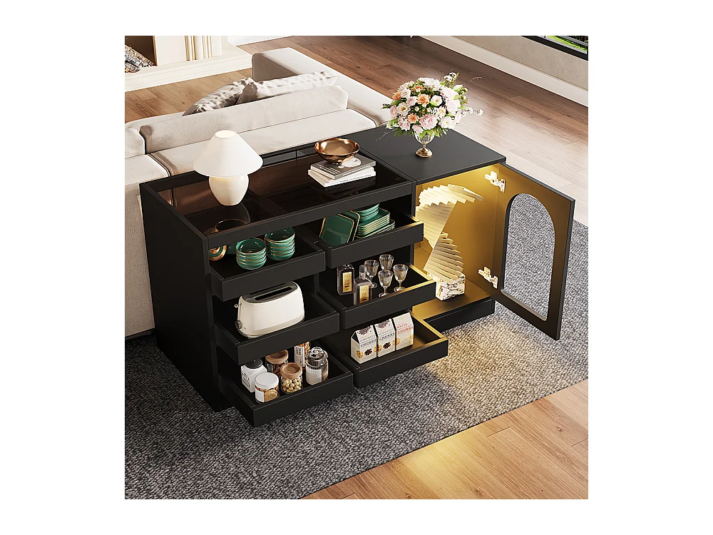 Buffet commode noir à 6 tiroirs simple et moderne avec éclairage LED pour salle à manger